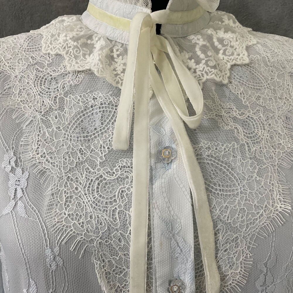 Chibi White Button Shirt Dress XS blue LS Lace Ruffle Coquette Victorian Dainty - Picture 2 of 11